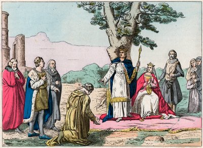 IX. Lajos, dit „Saint-Louis”” (1214-1270) igazságot szolgáltat minden alattvalójának a Bois de Vincennes-ben – Saint Louis (1214-1270) az igazságszolgáltatást – A 19. század végi metszet a „Nos Gires Nationales”-ban - Képek és recits” alkotó: French School