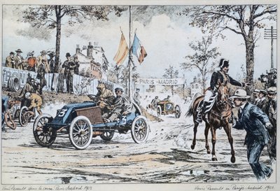 Louis Renault 1903-ban a Párizs–Madrid versenyen vezet, 1903 körül alkotó: French School