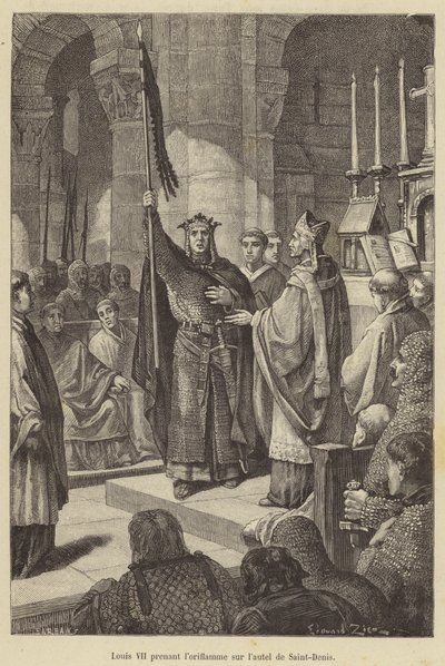 Lajos veszi át a zászlót Saint-Denis oltáráról (metszet) alkotó: French School