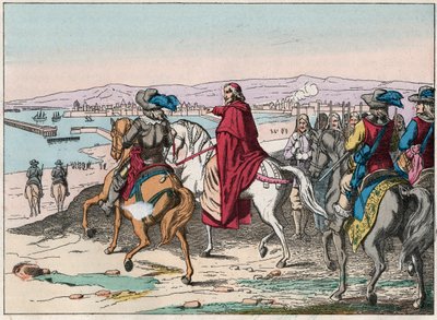 XIII. Lajos (1601-1643) és Richelieu bíboros La Rochelle székhelyén, protestánsok helye 1628 októberében - de Richelieu bíboros és XIII Lajos (1602-43) La Rochelle ostrománál 1628 októberében - Metszet: század vége alkotó: French School