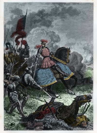 XII. Lajos a lombardiai Crema melletti agnadeli csatában, amelyet a király megnyert a velenceiek felett 1509. május 14-én – Agnadellói csata – XII. Lajos francia legyőzi a velenceieket – metszet a „” L