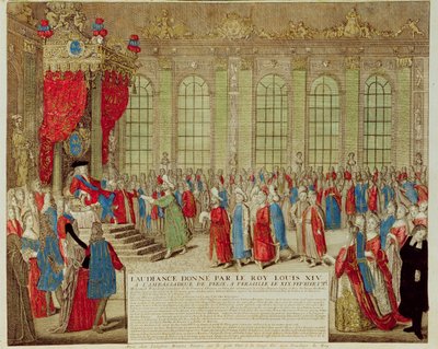 XIV. Lajos (1638-1715) fogadta Mohammed Reza Beget perzsa nagykövetet a Versailles-i Galerie des Glacesben, 1715. február 19. alkotó: French School