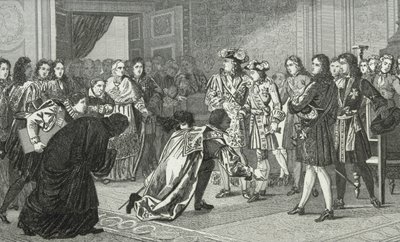 XIV. Lajos (1638-1715), a Napkirály bemutatja unokáját, V. Fülöpöt (1683-1746) a spanyol követeknek, Colart "Histoire de France" című művéből, kiadva 1840 körül. alkotó: French School