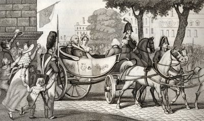 XVIII. Lajos (1755-1824) belép Párizsba az 1814-es restauráció idején, Colart „Histoire de France” című művéből, amely 1840 körül jelent meg. alkotó: French School