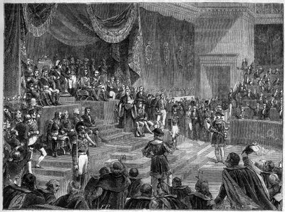 XVIII. Lajos és az Alkotmányos Monarchia létrehozása – 1814. június 4-i Alkotmányos Charta – XVIII. Lajos elnököl a kamarák ülésének megnyitóján 1814. június 4-én a párizsi Palais Bourbonban – a „Histoire de l