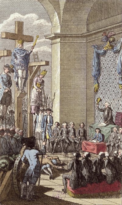 XVI. Lajos (1754-93) a tárgyalásán, keresztre feszítették a nemesség és a papság között, 1792 körül alkotó: French School