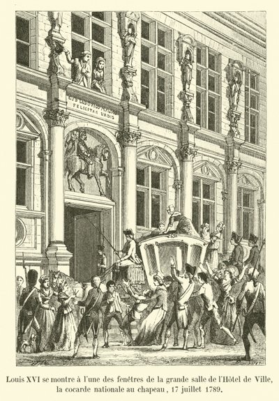 XVI. Lajos a Holdat mutatja magának a Hôtel de Ville nagytermének ablakaiból, a nemzeti kokárdát a kalapon, 1789. július 17. alkotó: French School