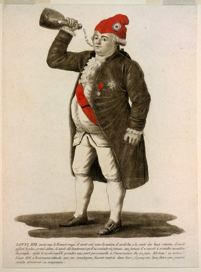XVI. Lajos piros sapkát viselő, „Éljen a nemzet” kiáltással, 1792-es kocsma (kézzel festett rézkarc) alkotó: French School