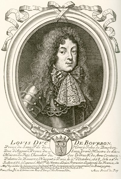 Louis de Bourbon, Condé hercege, 1668-1710. A vér hercege XIV. Lajos francia udvarában. Az 1908-ban megjelent Les Heures Libresből. alkotó: French School