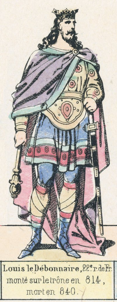 Louis le Debonnaire, Franciaország 22. királya, 814-ben lépett trónra, 840-ben halt meg (színes metszet) alkotó: French School