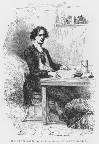 Lucien de Rubempre levelet ír, illusztráció Honore de Balzac „Les Illusions perdues” című könyvéből, Antoine Alphee Piaud metszet (19. század) alkotó: French School
