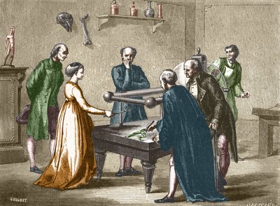 Luigi Galvani, bolognai professzor 1780-ban fedezte fel a békaizmok elektromosság általi ingerlékenységét – a „Tudomány albumában; jeles tudósok; Nagy felfedezések””” 1896. alkotó: French School