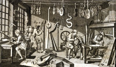 Luthier műhelye. Metszet - Diderot és Alembert enciklopédiájában alkotó: French School