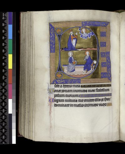 MS 300 f.125v, David Istenhez imádkozik (fent); Isten gömbbel és Krisztus padon ülő könyvvel (lent), a francia Izabella zsoltárából és óráiból, Párizs, 1265-70 körül (toll, tinta és tempera pergamenen) alkotó: French School