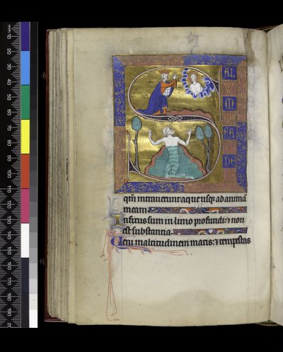 MS 300 f.70v, David Istenhez imádkozik (fent), Dávid vízbe süllyed (lent), a francia Izabella zsoltárából és óráiból, Párizs, 1265-70 körül (toll és tinta és tempera pergamenen) alkotó: French School