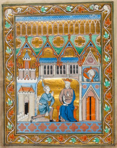 MS 300 fol.VIIi Dávid király Absolon halálának hírét kapta a francia Izabella zsoltáróráiból, 1255 körül alkotó: French School