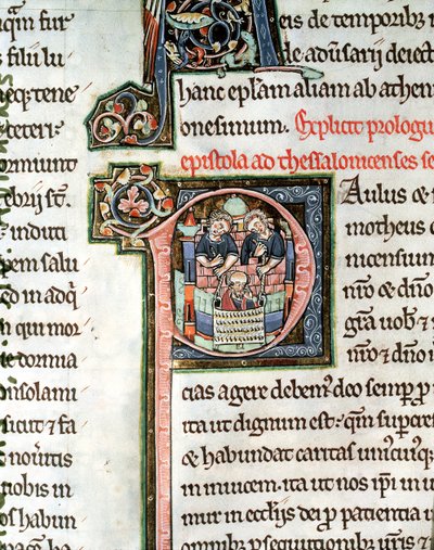 MS 3 Fol. 291v Szent Pál menekülése Damaszkuszból, megvilágított P kezdőbetű, 13. század, az Avranches Bibliából alkotó: French School
