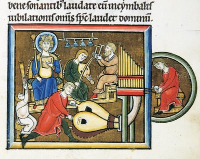 MS CXXXVII fol. 149r, Dávid király kezében a zsoltárral és zenészekkel, Szent Erzsébet zsoltárából (tempera és aranylevél pergamen) alkotó: French School