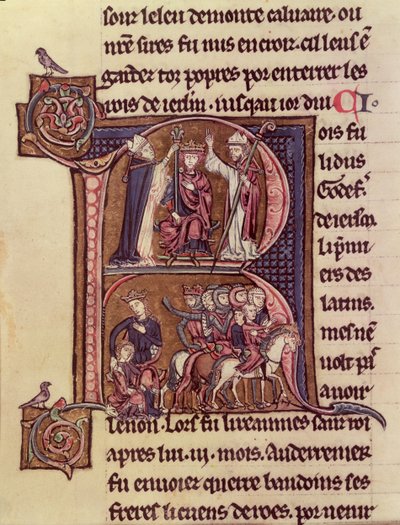 MS Fr 9081 f.99v Történeti kezdetű R, amely I. Balduin flandriai királyt (1171-1205) ábrázolja, akit 1204-ben latin császárrá koronáztak, és nagylelkűségét a gyermekét elküldő török nő iránt. alkotó: French School