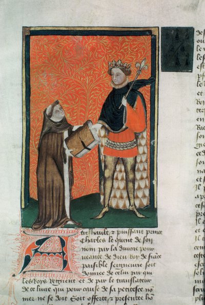 MS Hunter 8 f.9r Courbichon fordító bemutatja a könyvet V. Károlynak alkotó: French School