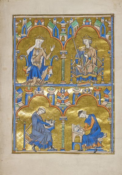 MS M.240 f.8r, Kasztíliai Blanche és IX. Lajos francia király és alatta: A szerző diktál egy írástudónak, Szent Lajos Biblia (Moralizált Biblia), valószínűleg Párizs alkotó: French School