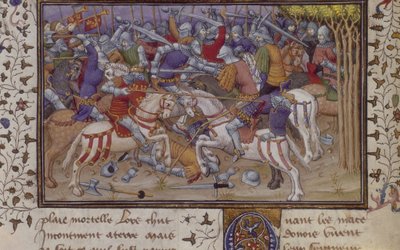 MS Royal 20 B.XX fol.16v Fülöp legyőzése Pausaniastól, lovas lovagok harcával, Pseudo-Callisthenes „La Vraye Histoire du Bon Roy Alixandre” című művéből, 15. század eleje (vellum) alkotó: French School