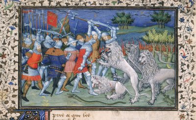 MS Royal 20 B.XX fol.50v Nagy Sándor (Kr. e. 356-323) harcai fehér oroszlánokkal, Pseudo-Callisthenes „La Vraye Histoire du Bon Roy Alixandre” című művéből, 15. század eleje (vellum) alkotó: French School