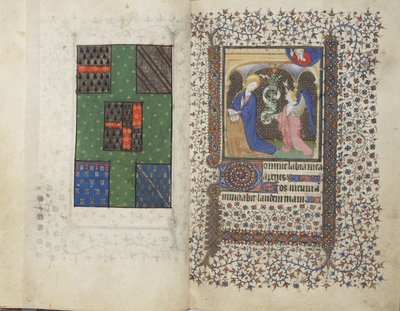 MS Widener 4, ff.26v-27r, Címer és az Angyali üdvözlet, az órák könyvéből, Rennes használata, 1405 körül (toll, tinta és tempera pergamen) alkotó: French School