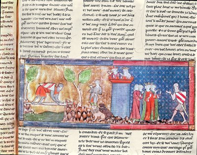 M. 806 f.166 Lancelot úgy bizonyítja Guinevere iránti szeretetét, hogy átkelt egy éles karddal áthidalt folyón, a római de Lancelot du Lacból, 1344 alkotó: French School