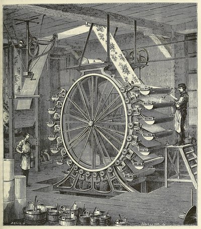 Gép tapétanyomtatáshoz akár húsz színben, pub. 1873-as metszet, 1873. alkotó: French School
