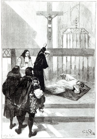 Madame de Sazilles-t ördögűzik Gaston dOrleans herceg jelenlétében, Louis Figuier illusztrációja Loudun megszállottjának a Les Mysteres de la Science-ben, 1886. alkotó: French School