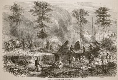Faszén készítés lőporhoz, illusztráció Cassells: A Franciaország és Németország közötti háború története, 1870-1871 alkotó: French School