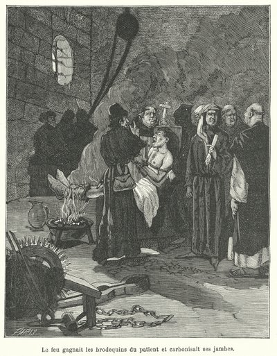 Brodequinekkel és tűzzel kínozzák az embert (metszet) alkotó: French School