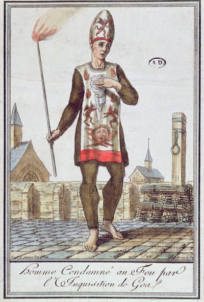 A goai inkvizíció által máglyán való elégetésre ítélt férfi, 18. század vége (színes metszet) alkotó: French School