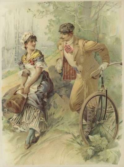 Biciklis férfi, aki a szobalánynak tesz ajánlatot. (chromolitho) alkotó: French School