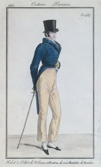 Férfi öltöny bársony gallérral, selyemgombokkal és nadrágtartó nadrággal, 1816 alkotó: French School