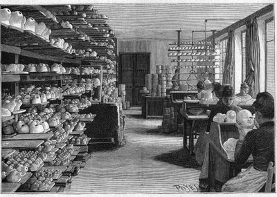 Montreuil babák gyártása 1888-ban. Szoba babafejek szárítására főzés és szemdecoupage előtt. alkotó: French School