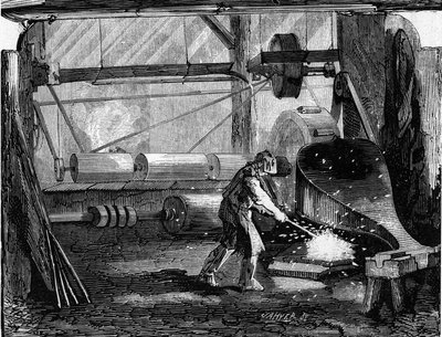 Puskaágyúk gyártása: a vas szalagok piros üresek. Metszet a „” Le Monde Illustré”” 35. számában, 1857. december 12. alkotó: French School