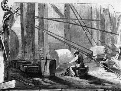 Puskás fegyverek gyártása: vashengerek polírozása kőkerekekkel. Metszet a „” Le Monde Illustré”” 35. számában, 1857. december 12. alkotó: French School