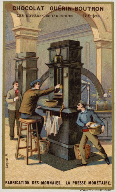 Érmék gyártása. Érmeprés (chromolitho) alkotó: French School