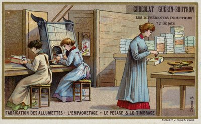 Gyufa gyártás. Csomagolás, súlymérés és bélyegzés (chromolitho) alkotó: French School