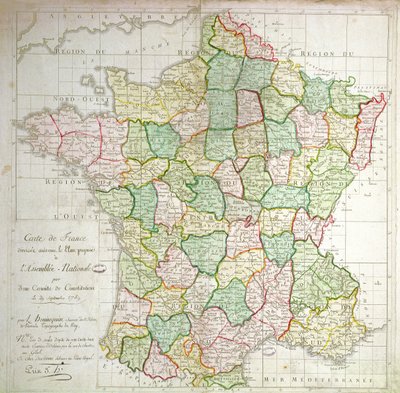 Franciaország térképe a megyék felosztásának terveivel, 1789 (színes litó és tinta) alkotó: French School