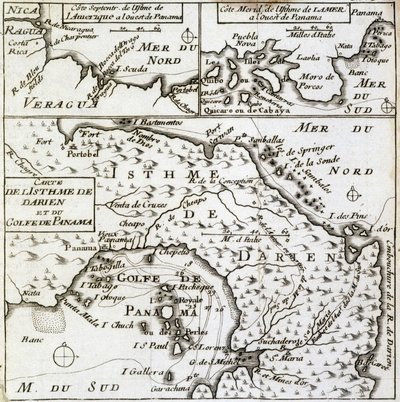 A Darien földszoros és a Panamai-öböl térképe Guillaume Dampier (William Dampier) „Új utazás a világ körül” című művében alkotó: French School