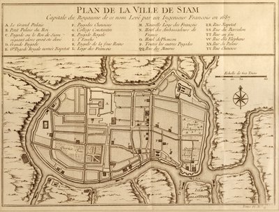 Sziam város térképe, az ilyen nevű királyság fővárosa egy francia mérnök 1687-ben végzett felmérése után, amelyet Antoine Prevost a Histoire Generale des Voyages 1751-es kiadásában tett közzé. alkotó: French School
