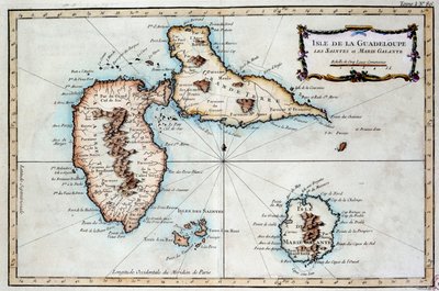 Martinique szigetének, Saintes szigetének és Marie Galante szigetének térképe Nyugat-Indiában. A 19. századi Chartres metszete, Musee des Beaux Arts alkotó: French School