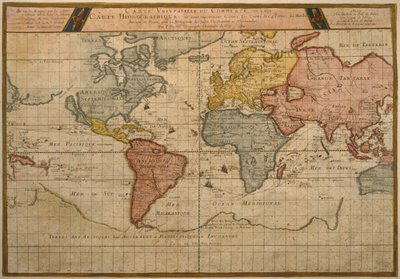 A világkereskedelmi hajózási útvonalakat ábrázoló térkép, Pierre Duval (1619-83) 1686-ban megjelent térképe, Párizs (színes metszet) alkotó: French School