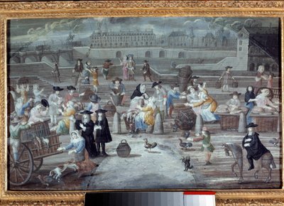 Baromfi és kenyér menet, quai des Grands Augustins Párizsban 1660-ban. Névtelen francia festmény alkotó: French School