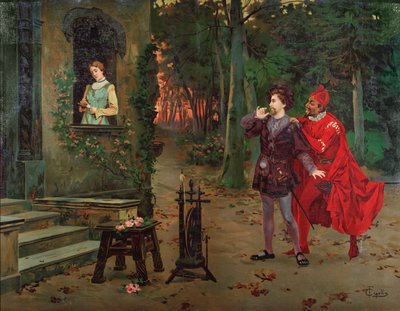 Marguerite, Faust és Mephisto jelenet a Faustból Charles Gounodtól (1818-1893). 1900 körül. alkotó: French School