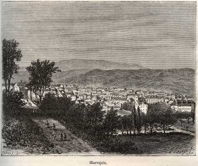 Marvejols - Lozere - Languedoc-Roussillon - metszet a „La France illustrée: földrajz, történelem, statisztikai adminisztráció” könyvében, V.-A. Malátabarna. 1884 alkotó: French School