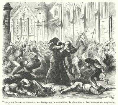 A burgundok által elkövetett armagnácok mészárlása, Párizs alkotó: French School